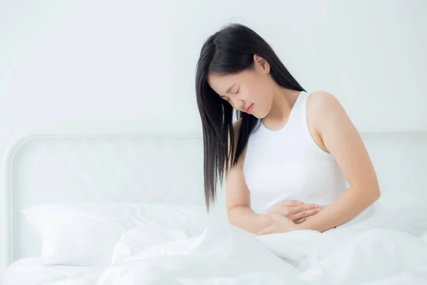 Young Asian Woman Sitting Bed Pain Stomach Bowel Disease Constipation — Fotografia de Stock