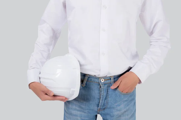 Closeup Hands Man Engineer Holding Helmet Standing Confident Isolated White — Stock Photo, Image