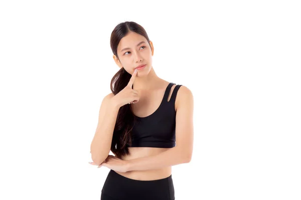 Portrait Beautiful Young Asian Woman Sportwear Smile Thinking Isolated White — Foto de Stock
