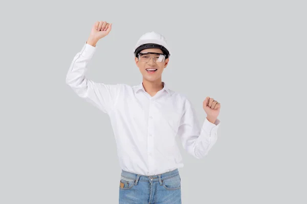 Portrait Young Asian Engineer Man Wearing Helmet Excited Isolated White — Stock Photo, Image
