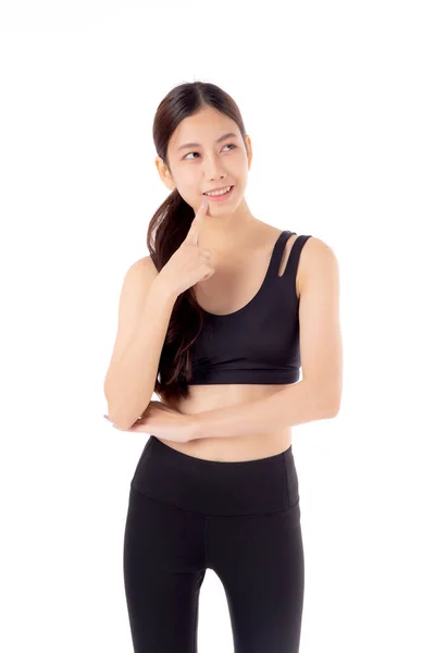 Ritratto Bella Giovane Donna Asiatica Abbigliamento Sportivo Sorriso Pensiero Isolato — Foto Stock