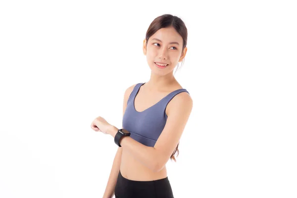 Feliz Jovem Asiático Mulher Olhando Smartwatch Para Exercício Aeróbica Com — Fotografia de Stock