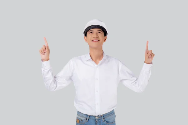 Portrait Young Asian Man Engineer Wearing Helmet Standing Smiling Confident — Fotografia de Stock