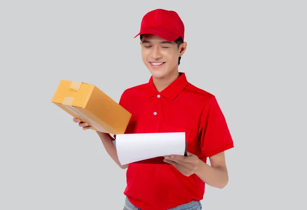 유니폼을 모자를 아시아인은 상자를 문서를 직원들은 서비스 논리적 — 스톡 사진