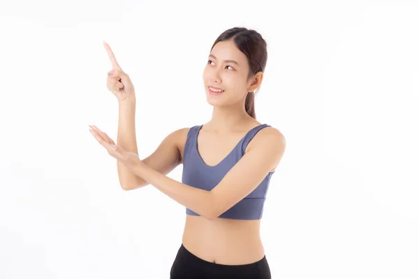Portrait Der Schönen Jungen Asiatischen Frau Sportbekleidung Lächeln Und Präsentiert — Stockfoto