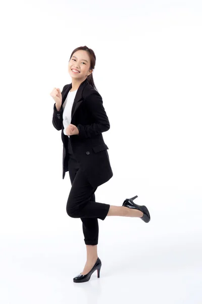 Portrait beautiful businesswoman in suit glad and success isolated on white background, happy young asian business woman is manager or executive surprise and excited for victory with satisfied.
