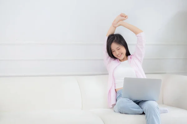 Beautiful Young Asian Businesswoman Sitting Sofa Working Home Break While — Foto de Stock