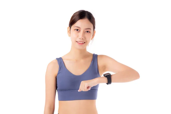 Feliz Joven Asiática Mujer Buscando Smartwatch Para Ejercicio Aeróbicos Con — Foto de Stock