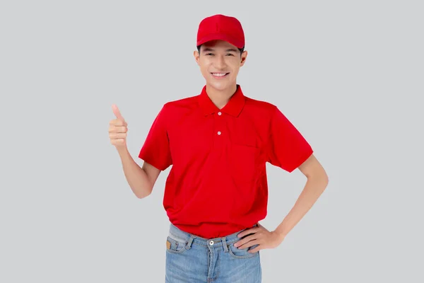 Jeune Homme Asiatique Uniforme Rouge Casquette Debout Pouces Levés Avec — Photo