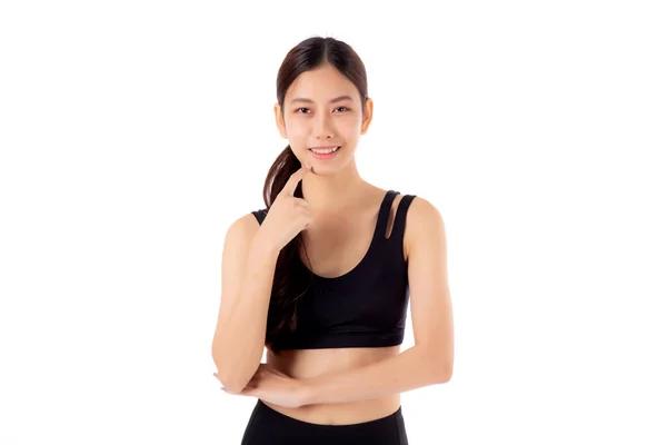 Retrato Bela Jovem Asiática Sportwear Sorriso Pensamento Isolado Fundo Branco — Fotografia de Stock