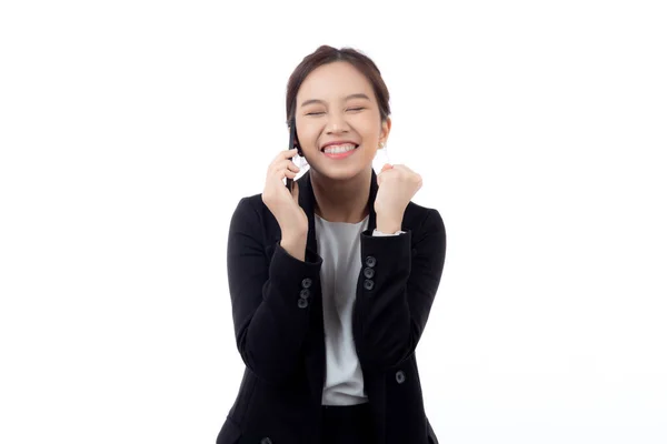 Young Asian Business Woman Suit Talking Smart Phone Isolated White — Stock Photo, Image