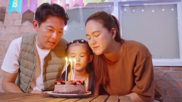 Happiness Asian Father Mother Celebrate Birthday Daughter While Blow Candle — Stock Video