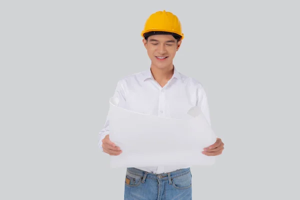 Portrait Young Asian Man Engineer Wearing Helmet Holding Looking Blueprint — Stockfoto
