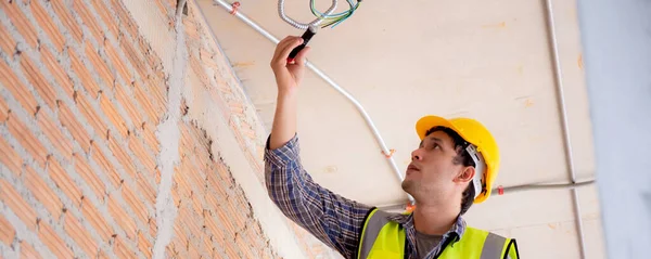 Young Engineer Caucasian Man Repair Electricity House Electrician Fix Maintenance — Stock Photo, Image