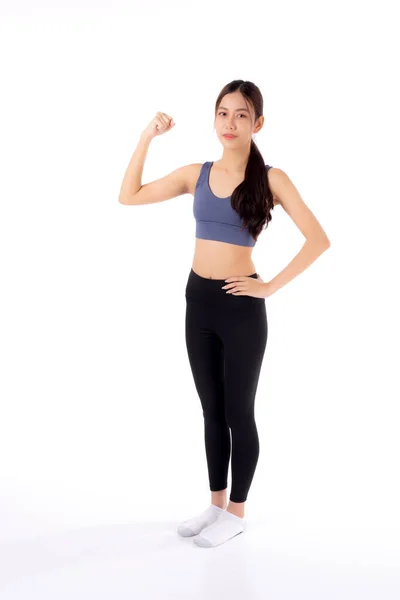 Portrait Beautiful Young Asian Woman Sportwear Showing Strong Muscles Isolated — Foto Stock