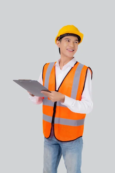 Portrait Young Asian Engineer Man Wearing Helmet Looking Document Report — Stock Photo, Image