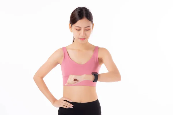 Feliz Jovem Asiático Mulher Olhando Smartwatch Para Exercício Aeróbica Com — Fotografia de Stock