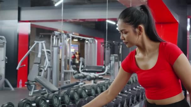 Jovem Mulher Asiática Sportswear Treino Com Haltere Elevação Para Exercício — Vídeo de Stock
