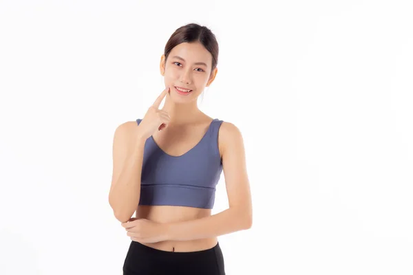 Porträtt Vackra Unga Asiatiska Kvinna Sportkläder Leende Och Tänkande Isolerad — Stockfoto