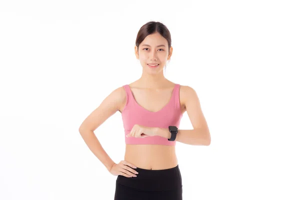 Feliz Joven Asiática Mujer Buscando Smartwatch Para Ejercicio Aeróbicos Con —  Fotos de Stock