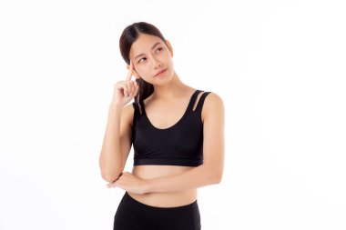 Portrait of beautiful young asian woman in sportwear smile and thinking isolated on white background, sport and exercise for health and weightloss, female and slimming with confident and wellness.