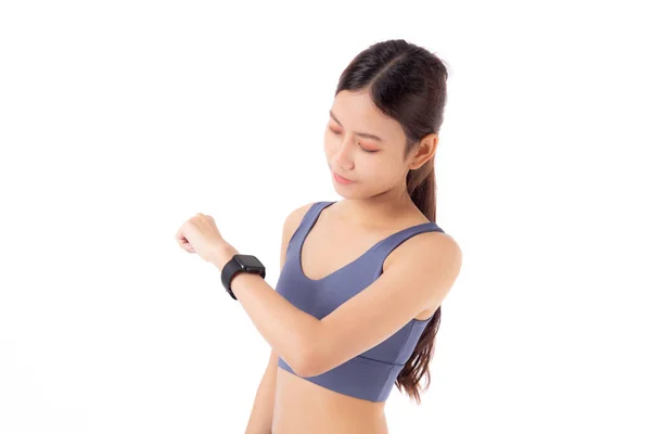 Glückliche Junge Asiatische Frau Sucht Smartwatch Für Sport Und Aerobic — Stockfoto