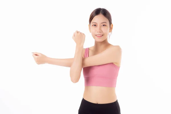Retrato Bela Jovem Asiática Esticando Mãos Braços Para Exercício Ioga — Fotografia de Stock
