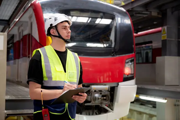 stock image Young engineer man or worker checking electric train for planning maintenance and writing document on clipboard in station, transport and infrastructure, inspector check service transport.