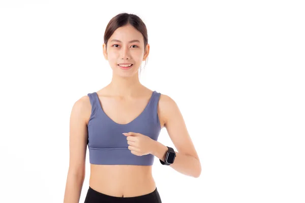 Feliz Joven Asiática Mujer Buscando Smartwatch Para Ejercicio Aeróbicos Con —  Fotos de Stock