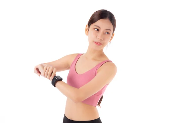 Egzersiz Için Akıllı Görünen Genç Asyalı Kadın Beyaz Arka Planda — Stok fotoğraf