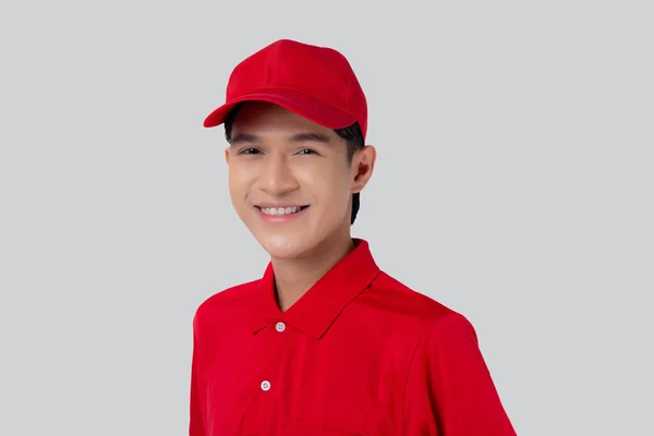 Portret Jonge Aziatische Man Uniform Staan Glimlachen Met Zelfverzekerde Geïsoleerde — Stockfoto