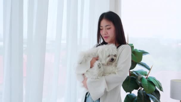 年轻的亚洲女人带着毛茸茸的狗站在客厅里爱抚着 朋友和伴侣在一起爱抚着 女人和动物玩耍着拥抱着放松 女人和小狗在一起 — 图库视频影像