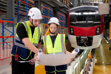 Genç Kafkasyalı mühendis ve kadın ya da işçi planları arıyor ve istasyon, ulaşım ve altyapı planlaması için elektrik trenini kontrol ediyor..