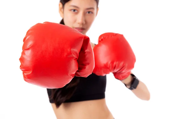 Красивая Молодая Азиатка Спортивной Форме Упражнения Боксом Спорта Изолированный Белый — стоковое фото