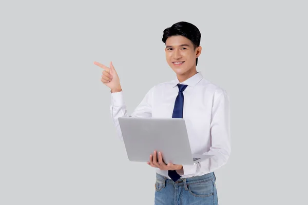 Portrait Young Asian Business Man Standing Work Laptop Computer Internet — Stock Photo, Image