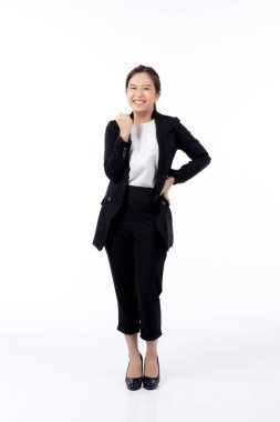 Takım elbiseli güzel bir iş kadını beyaz arka planda izole edilmiş mutlu ve başarılı Asyalı genç bir iş kadını yönetici ya da yönetici ve zafer için heyecanlı..