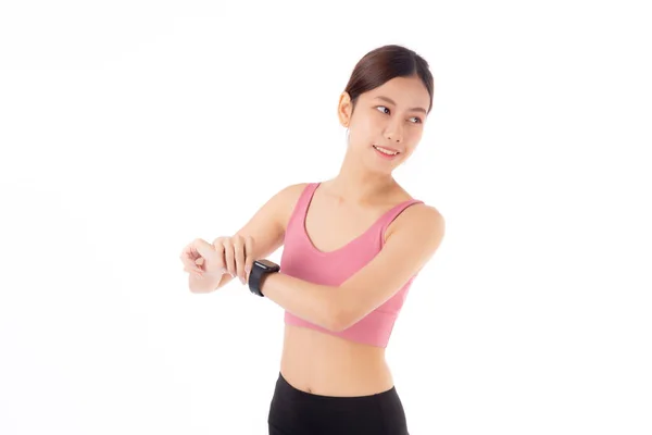 Gelukkig Jong Aziatische Vrouw Zoek Smartwatch Voor Oefening Aerobics Met — Stockfoto
