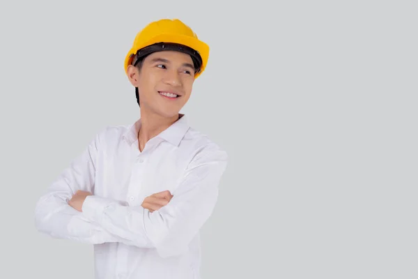 Retrato Joven Asiático Hombre Ingeniero Vistiendo Casco Pie Sonriendo Con —  Fotos de Stock