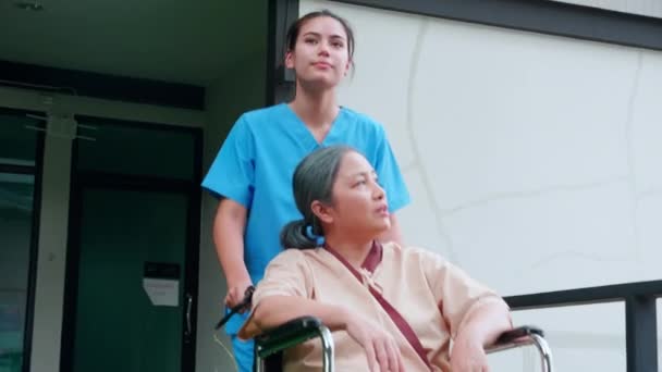 간병인 아시아의 병원에서 정원에서 휠체어에 간호사와 간호사 — 비디오