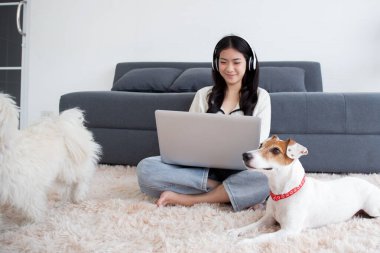 Kulaklık takan genç Asyalı güzel bir kadın müzik için dizüstü bilgisayar kullanıyor. Evde rahat rahat oturan bir arkadaşı olan bir köpeği var. Evcil hayvan ve yaşam tarzı olan bir not defteri kullanıyor..