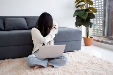 Güzel Asyalı kadın gülümsüyor dizüstü bilgisayarla internetten internete çalışırken evdeki yoldaş köpekle samimi bir şekilde evcil hayvan ve yaşam tarzı konseptiyle meşgul olan bir kadın..