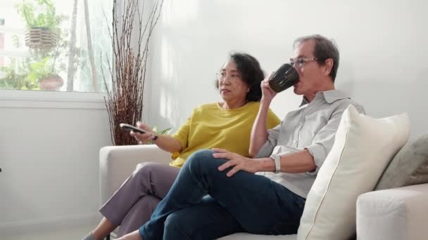 Mutlu Asyalı Yaşlı Çift Kanepede Oturup Rahatça Televizyon Izliyor Evde — Stok video