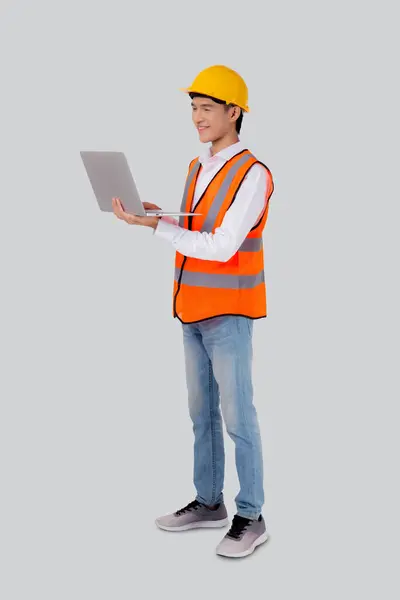 Portrait Young Asian Engineer Man Looking Laptop Computer Planning Isolated — Stock Photo, Image