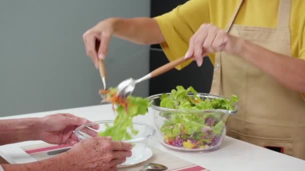 衣食住行的老夫老妻在家里厨房里一起做沙拉蔬菜 有老人的家庭用满意的 粘合的 有关系的 有生活方式的沙拉做饭 — 图库视频影像