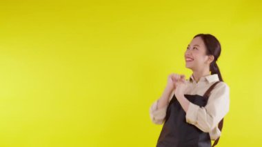 Önlük giymiş Asyalı genç bir baristanın portresi sarı arka planda sunum yapıyor, garson ya da girişimci neşeli ve küçük işletme ya da girişim, kafe garsonu.
