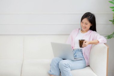 Young asian business woman work from home with laptop computer and drinking coffee on sofa in living room, freelance girl using notebook sitting on couch with comfort and relax, lifestyles concept.