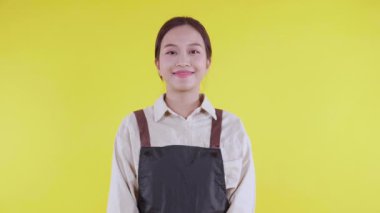 Önlük giymiş Asyalı genç bir baristanın portresi sarı arka planda gülümsüyor, garson ya da girişimci neşeli, küçük işletme ya da girişim sahibi, kendine güvenen bir garson ya da kafe garsonu.