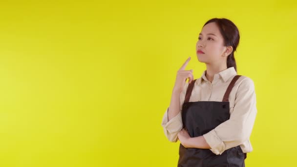 Portret Van Jonge Aziatische Barista Vrouw Met Een Schort Gebaar — Stockvideo