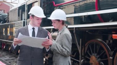 Takım elbiseli genç beyaz mühendis ve kadın tren şemasını kontrol ediyor. Ekip mühendisi sistem ulaşımını denetliyor. Altyapı, ulaşım ve endüstri teknisyeni..