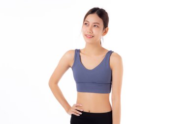 Portrait of beautiful young asian woman in sportwear smile and showing waist and abs isolated on white background, sport and exercise for health, female slimming with confident and wellness
